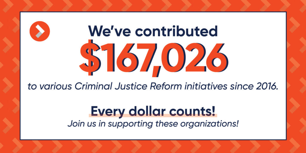 We’ve contributed $167,026 to various Criminal Justice Reform initiatives since 2016. Every Dollar Counts! Join us in supporting these organizations
